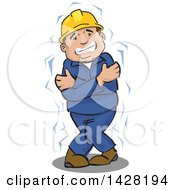 Poster, Art Print Of Cold And Shivering Male Worker Wearing A Hard Hat And Hugging Himself