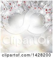 Clipart Of A Background Of 3d White Christmas Tree Branches With Red Berries Over Bokeh Lights Royalty Free Vector Illustration