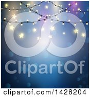 Poster, Art Print Of Blue Background With Bokeh Flares Stars And String Lights Over Text Space