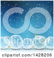 Poster, Art Print Of Background Of 3d Transparent Glass Christmas Bauble Ornaments Over Blue With Falling Snow