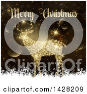 Clipart Of A Glittery Golden Deer Under A Merry Christmas Greeting Sparkles And Snowflakes Royalty Free Vector Illustration by KJ Pargeter