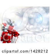 Clipart Of A Background With 3d Christmas Gift Boxes Over Snow And Sunshine Royalty Free Illustration