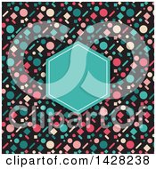 Clipart Of A Blank Turquoise Invitation Frame Over A Retro Colorful Pattern Royalty Free Vector Illustration