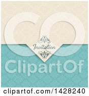 Poster, Art Print Of Vintage Beige And Turquoise Damask Patterned Invitation Design With Text