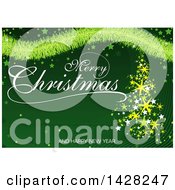 Poster, Art Print Of Merry Christmas And A Happy New Year Greeting With Stars Tinsel And A Star Tree On Green
