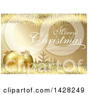 Poster, Art Print Of Merry Christmas And A Happy New Year Greeting Over 3d Golden Snowflake Christmas Baubles Tinsel Snowflakes And Stripes Over Gold