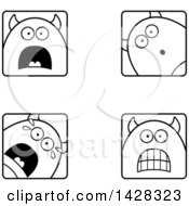 Black And White Lineart Clipart Of Scared Devil Faces Royalty Free Vector Illustration