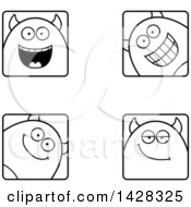 Black And White Lineart Clipart Of Happy Devil Faces Royalty Free Vector Illustration
