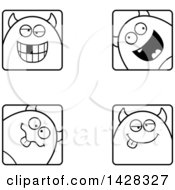 Black And White Lineart Clipart Of Goofy Devil Faces Royalty Free Vector Illustration