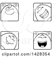 Clipart Of Black And White Lineart Four Winking Alien Faces Royalty Free Vector Illustration