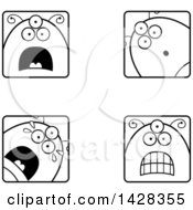 Clipart Of Black And White Lineart Four Scared Alien Faces Royalty Free Vector Illustration