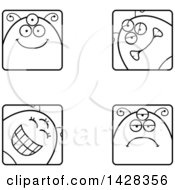 Clipart Of Black And White Lineart Four Alien Faces Royalty Free Vector Illustration