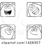 Poster, Art Print Of Black And White Lineart Four Happy Alien Faces