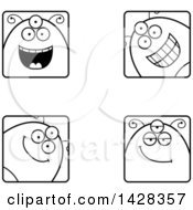Clipart Of Black And White Lineart Four Happy Alien Faces Royalty Free Vector Illustration