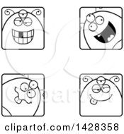 Clipart Of Black And White Lineart Four Goofy Alien Faces Royalty Free Vector Illustration