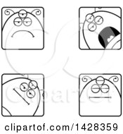 Clipart Of Black And White Lineart Four Calm Alien Faces Royalty Free Vector Illustration