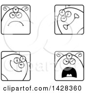 Clipart Of Black And White Lineart Four Mad Alien Faces Royalty Free Vector Illustration