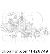 Poster, Art Print Of Black And White Lineart Reindeer Waiting As Santa Claus Loads His Sleigh With Christmas Gifts In Front Of His Home