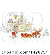 Poster, Art Print Of Two Reindeer Waiting As Santa Claus Loads His Sleigh With Christmas Gifts In Front Of His Home