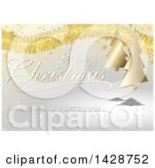 Poster, Art Print Of Merry Christmas And Happy New Year Greeting With Gold Tinsel Stars And Trees Over Gray