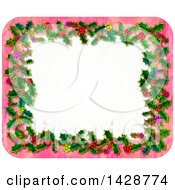 Clipart Of A Christmas Frame Of Holly Leaves And Berries On Pink Watercolour Royalty Free Vector Illustration