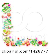 Poster, Art Print Of Border Of Christmas Trees Gifts Snowflakes Holly And Bauble Ornaments On White