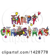 Poster, Art Print Of Doodled Sketch Of Children Playing On The Greeting Happy Christmas