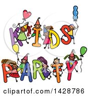 Poster, Art Print Of Doodled Sketch Of Children Playing On The Words Kids Party