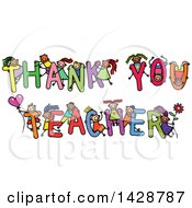 Poster, Art Print Of Doodled Sketch Of Children Playing On The Words Thank You Teacher