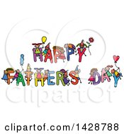 Poster, Art Print Of Doodled Sketch Of Children Playing On The Greeting Happy Fathers Day