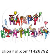 Poster, Art Print Of Doodled Sketch Of Children Playing On The Words Happy Birthday