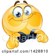 Cartoon Yellow Smiley Emoji Emoticon Face Adjusting His Bow Tie