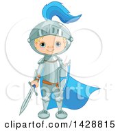 Poster, Art Print Of Cute Blond Caucasian Knight Boy Standing With A Sword And Shield