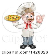 Poster, Art Print Of Cartoon Happy White Male Chef Holding A Pizza And Gesturing Perfect