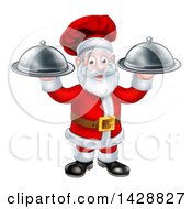 Clipart Of A Christmas Santa Claus Chef Holding Two Cloche Platters Royalty Free Vector Illustration