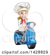 Poster, Art Print Of Cartoon Happy White Female Chef Riding A Scooter