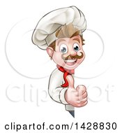 Clipart Of A Cartoon Happy White Male Chef Giving A Thumb Up Around A Sign Royalty Free Vector Illustration