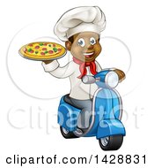 Cartoon Happy Black Male Chef Holding A Pizza And Riding A Scooter