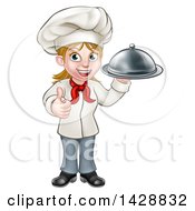 Poster, Art Print Of Cartoon Happy White Female Chef Holding A Cloche Platter And Giving A Thumb Up
