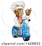 Poster, Art Print Of Cartoon Happy Black Male Chef Gesturing Perfect And Riding A Scooter