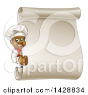 Poster, Art Print Of Cartoon Happy Black Male Chef Giving A Thumb Up Around A Blank Scroll Menu