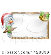 Poster, Art Print Of Happy Snowman Wearing A Christmas Santa Hat And Pointing Around A Blank Sign