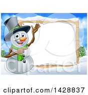 Poster, Art Print Of Happy Snowman Wearing A Top Hat And Presenting A Blank Sign In A Winter Landscape