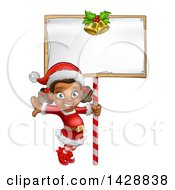 Poster, Art Print Of Happy Black Female Christmas Elf Jumping By A Blank Sign
