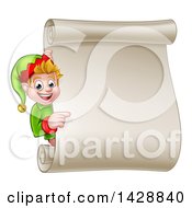 Poster, Art Print Of Happy Caucasian Male Christmas Elf Pointing Around A Blank Scroll Sign