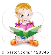 Poster, Art Print Of Happy White School Girl Reading A Book On The Floor