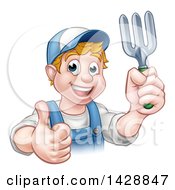 Poster, Art Print Of Cartoon Happy White Male Gardener In Blue Holding A Garden Fork And Giving A Thumb Up Over A Sign