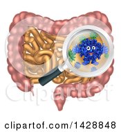 Clipart Of A Happy Blue Gut Flora Character Giving Two Thumbs Up Under A Magnifyig Glass Over The Human Digestive Tract Royalty Free Vector Illustration by AtStockIllustration
