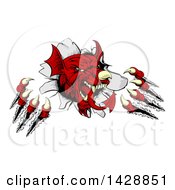Clipart Of A Fierce Red Welsh Dragon Mascot Shredding Through A Wall Royalty Free Vector Illustration