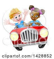 Clipart Of A Happy Black Girl Driving A White Boy And Catching Air In A Convertible Car Royalty Free Vector Illustration